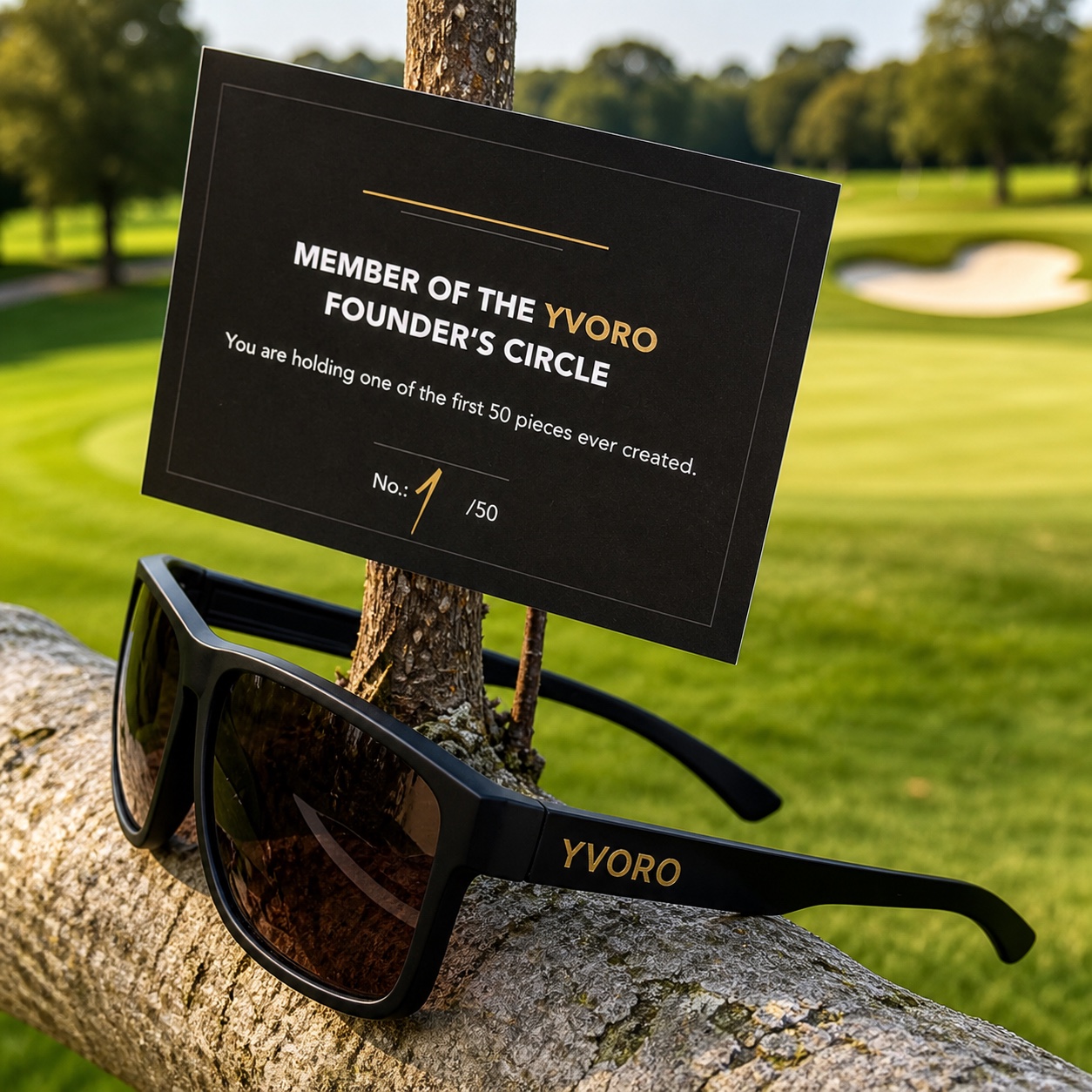 YVORO golf glasses and Founder's Circle card on a golf course